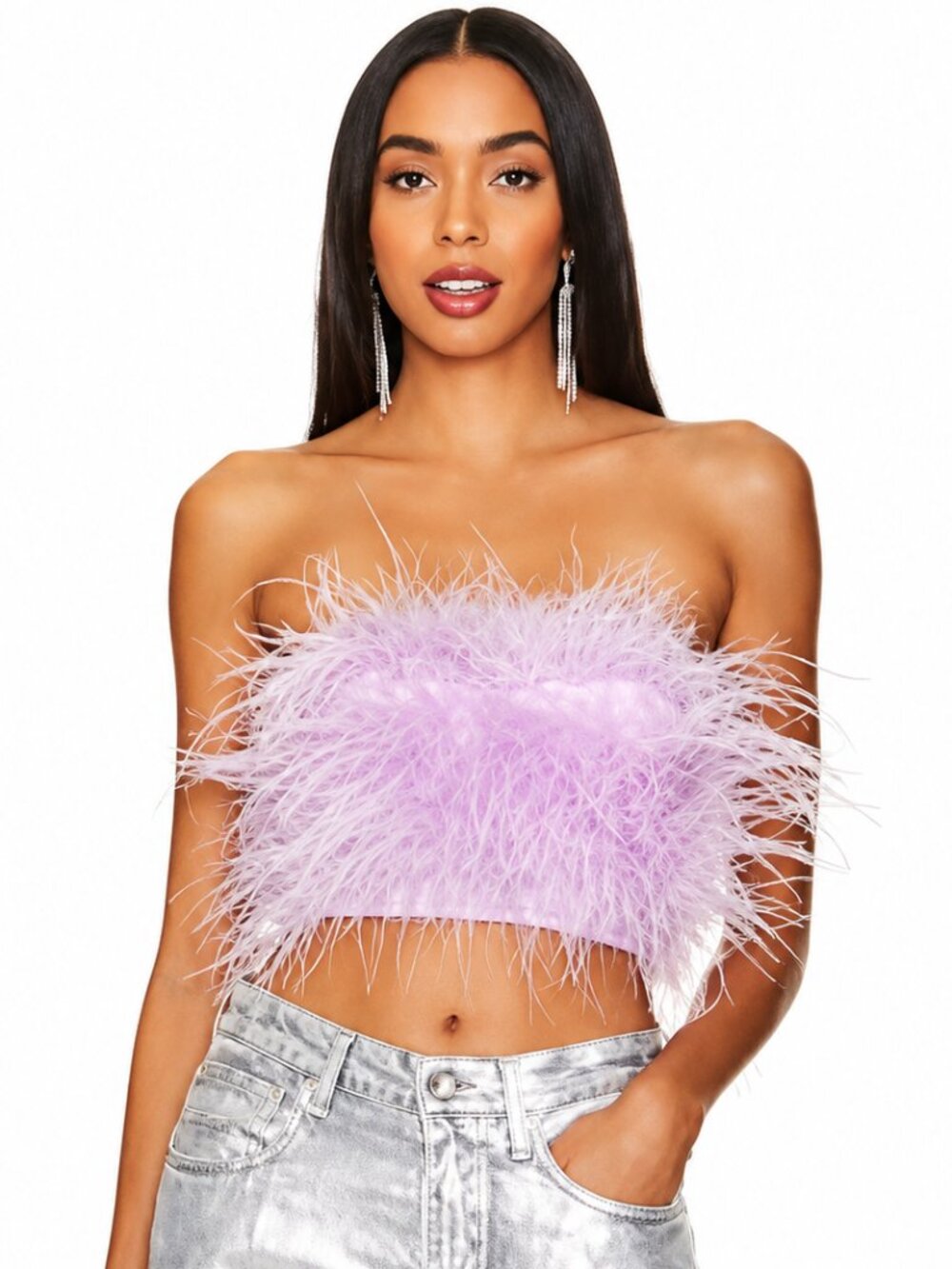 Lovers + Friends Marianne Feather Crop Top Lavender Strapless XS NWT